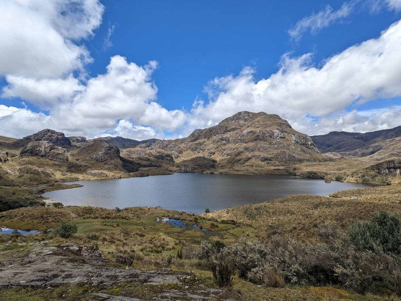 Large glacial lake surrounded by rocky Andean peaks and páramo shrubland in Cajas National Park