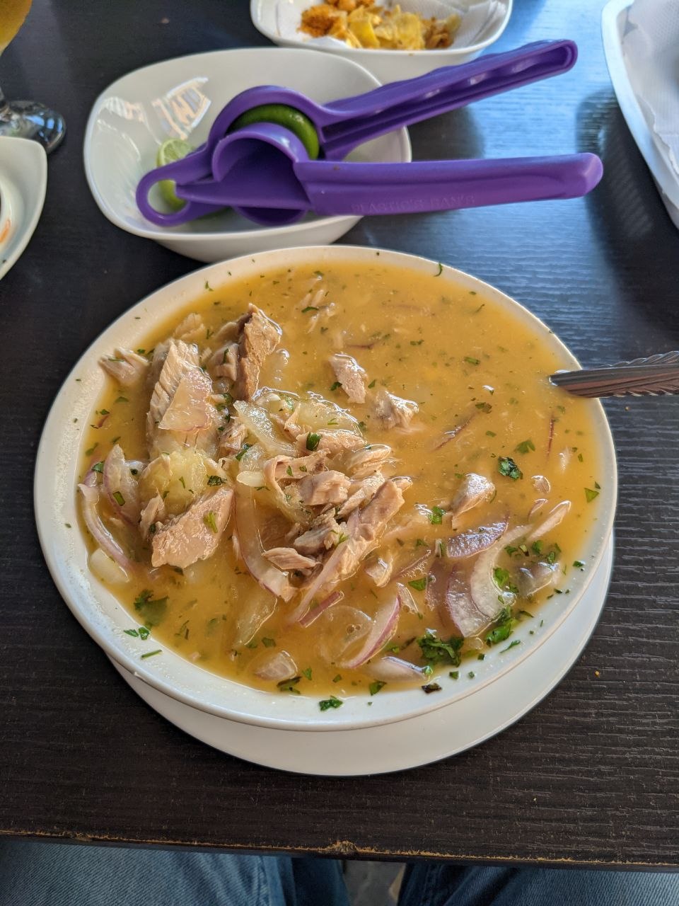 Bowl of encebollado — Ecuadorian tuna and yuca soup topped with pickled red onion and cilantro — served with a purple lime squeezer in Guayaquil