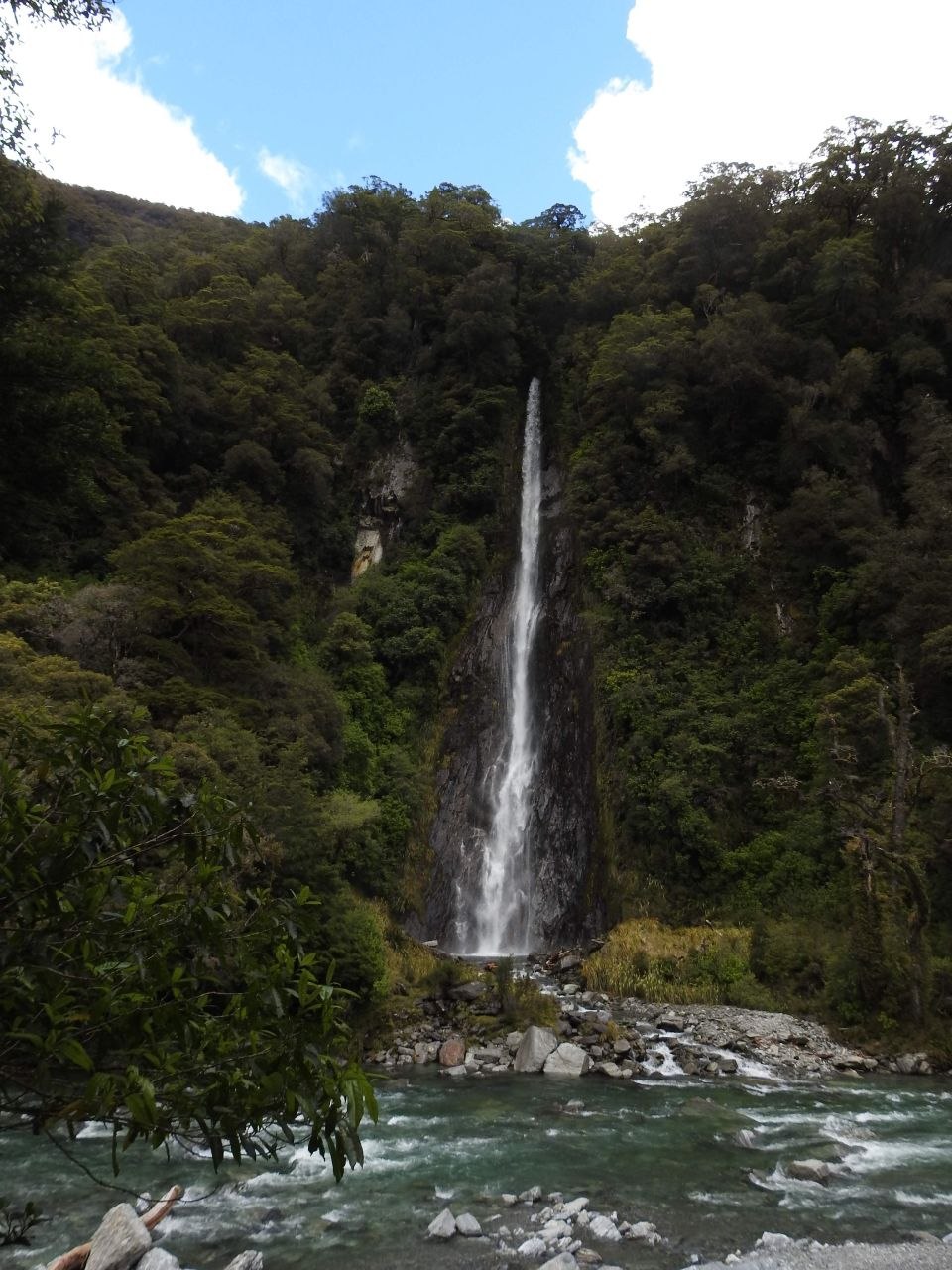 Thunder Creek Falls — a single thin white waterfall plunging approximately 96 metres from a dense beech-forested cliff edge into the rocky Haast River below, with the green river visible at the base and native bush covering the surrounding valley walls