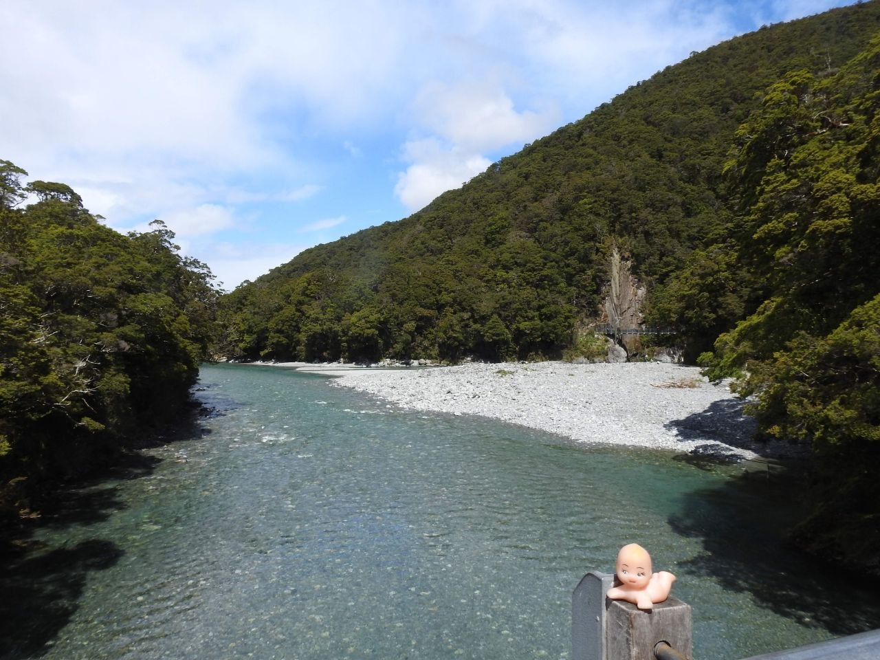 A Kewpie doll perched on a wooden fence post above the clear turquoise-green Makarora River at the Blue Pools, with the braided river shingle beach and beech forest-covered valley walls visible upstream under a partly cloudy sky