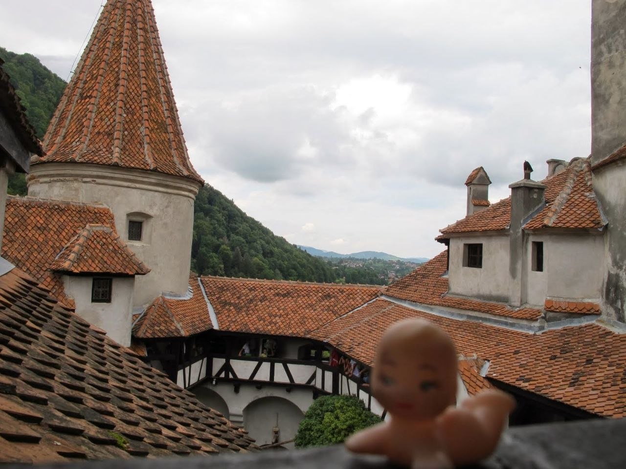 View from a high window or tower of Bran Castle looking down over the castle's red-tiled rooftops and turrets — steep pitched roofs in terracotta tile arranged at different levels, a round tower with a conical roof in the foreground, the forested green hillside rising steeply behind the castle walls